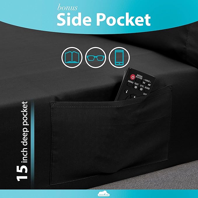 DREAMCARE Twin XL Sheet Sets – 3pcs Cooling Sheets – up to 15” Deep Pocket Twin XL Sheets Set – Hotel Luxury Sheets & Pillowcases – Superior Softness 100% Fine Microfiber with Side Pocket – Black DREAMCARE