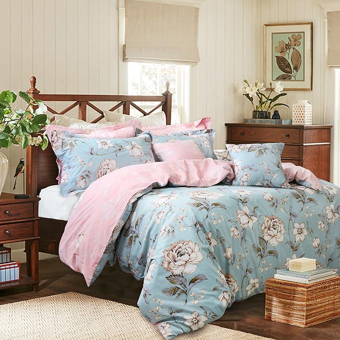 FADFAY Shabby Floral Duvet Cover Set Farmhouse Bedding Blue Cotton Summer Bedding with Hidden Zipper Closure 3 Pieces, 1duvet Cover & 2pillowcases (King/California King Size, Simple Style)