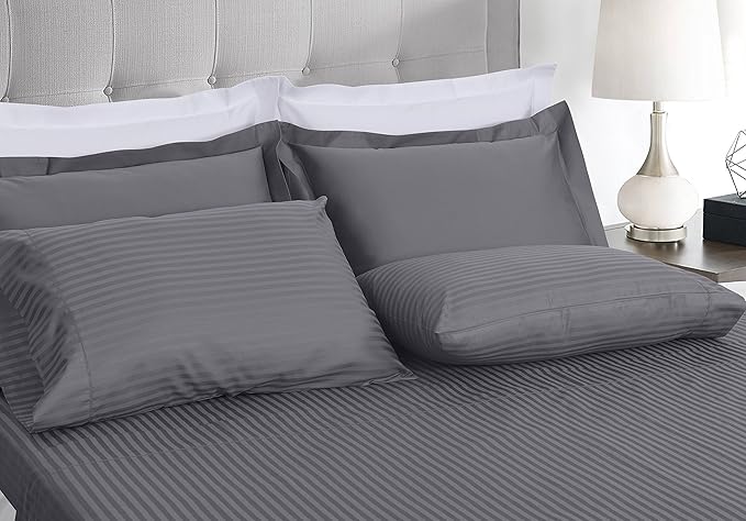 Threadmill 100% Cotton Sheets for Queen Size Bed - 600 Thread Count Queen Bed Sheets Set with 16” Deep Pocket - Damask Stripe Sateen Weave 4-Piece Bedding Set with Cooling Effect, Dark Grey