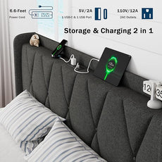 King Size Bed Frame with 4 Storage Drawers, Upholstered Platform Bed with Charging Station, Modern Wingback Storage Headboard, Easy Assembly,Noise-Free, Dark Gray