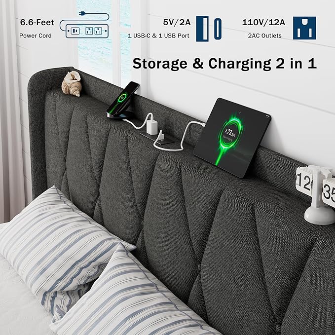 King Size Bed Frame with 4 Storage Drawers, Upholstered Platform Bed with Charging Station, Modern Wingback Storage Headboard, Easy Assembly,Noise-Free, Dark Gray