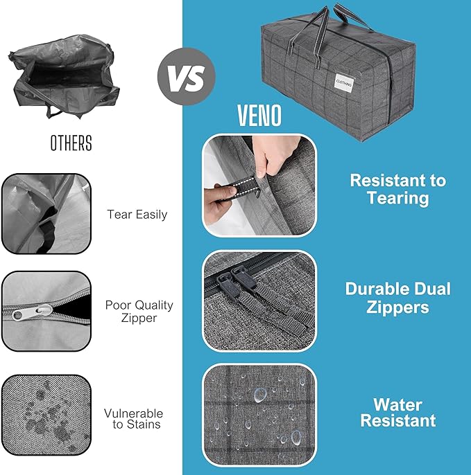 VENO 8 Pack Moving Bags w/Backpack Straps, Heavy Duty, Moving Boxes Alternative, Packing Supplies, Large Storage Totes for Dorm Room Essentials with Zipper for Clothes (Windowpane, 8 Pack)