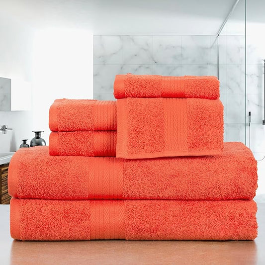 Ample Decor 100% Cotton Luxury 6 Piece Towels Set, 2 Bath Towels, 2 Hand Towels, 2 Wash Cloths for Bathroom - Orange Towel Sets