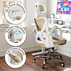 Office Home Ergonomic Desk Chair-Computer X-Shaped Chair Mesh PU Leather with Adjustable Lumbar Support-Executive Chair High Back with Headrest Flip-Up Arms for Long Hours (Khaki)