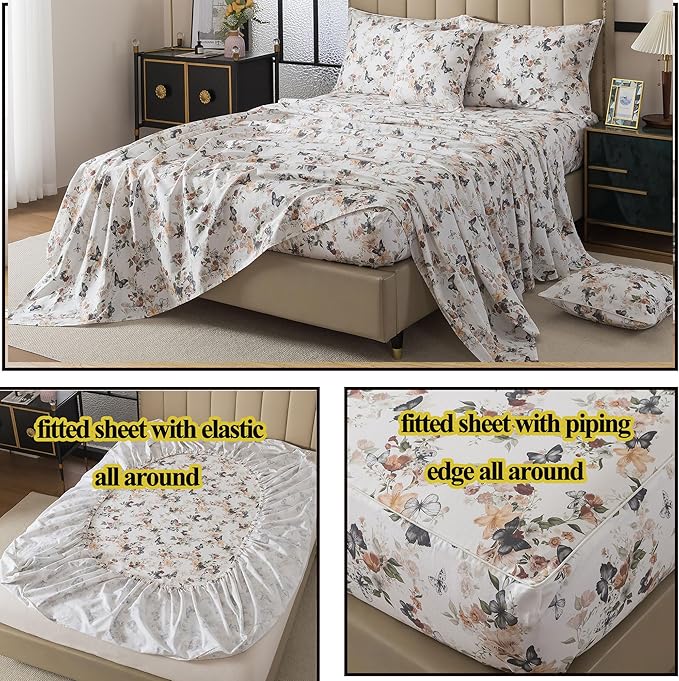 FADFAY Butterfly Sheets Set Twin XL Watercolor Floral College Bedding Rustic Botanical Dorm Sheets Vintage Leaves Bedding 100% Percale Cotton Set with Deep Pocket Fitted Sheet 4Pcs, Twin XL Size