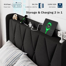 Full Size Bed Frame with 4 Large Storage Drawers, Upholstered Platform Bed with Charging Station, Modern Wingback Storage Headboard, Easy Assembly,Noise-Free, Black