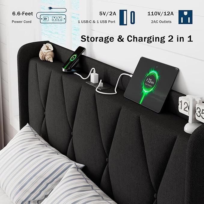 Full Size Bed Frame with 4 Large Storage Drawers, Upholstered Platform Bed with Charging Station, Modern Wingback Storage Headboard, Easy Assembly,Noise-Free, Black
