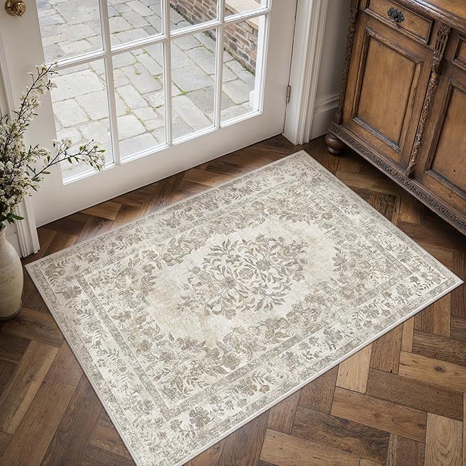 2x3 Area Rug Beige Washable Entryway Door Mat Indoor Vintage Medallion Floral Carpet Kitchen Bathroom Distressed Entrance Retro Small Non Slip Accent Throw Bedroom Office Dining Living Room