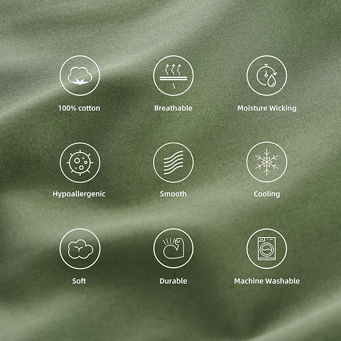 Cotton Pillow Protectors/Cases Queen Size with Zipper 2 Pack Olive Green Color,Cooling & Breathable Bed Pillow Protectors Set of 2 Pillow Cases Cover (Queen Size 20" x 30")