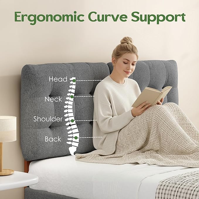 Upholstered Headboard Queen Size, Adjustable Height Queen Headboard Only from 39”to 44”with Durable Solid Wood Legs, Modern Button Diamond Fabric Bed Head Board with Width Adapters, Grey