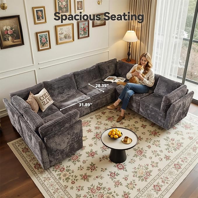 Large 7 Seat Modular Sectional Sofa with Ottoman Seat Corduroy Sleeper Sectional Sofa Bed Oversized Convertible Modular Couch for Living Room
