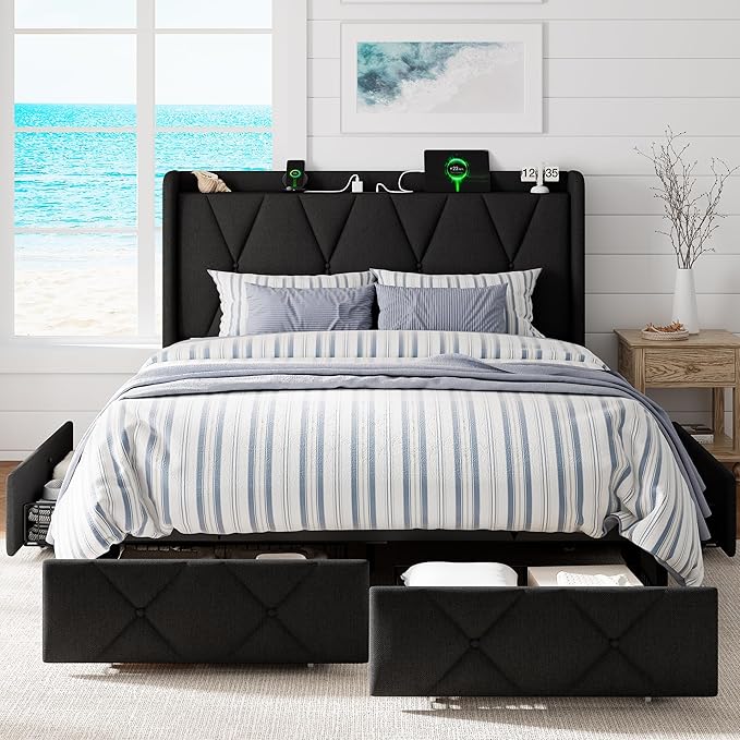Full Size Bed Frame with 4 Large Storage Drawers, Upholstered Platform Bed with Charging Station, Modern Wingback Storage Headboard, Easy Assembly,Noise-Free, Black