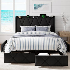 Queen Bed Frame with 4 Storage Drawers, Upholstered Platform Bed with Charging Station, Modern Wingback Storage Headboard, Easy Assembly,Noise-Free, Black