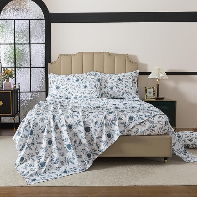 FADFAY Butterfly Sheets Set Queen Blue and White Sunflower Bedding Vintage Botanical Rose Floral Sheets Shabby Rustic Leaves Bedding 100% Percale Cotton Breathable Soft Deep Pocket 4Pcs, Queen Size