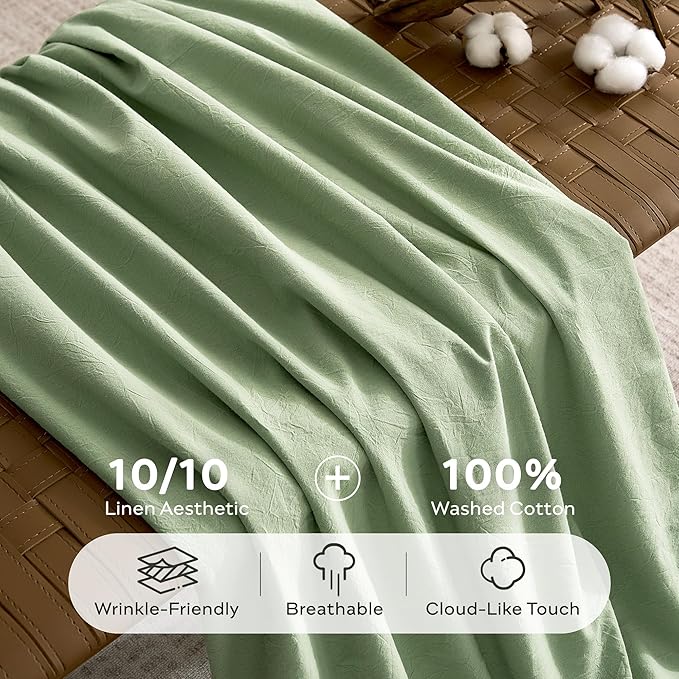 JELLYMONI Duvet Cover King Size - Washed Cotton Comforter Cover with Linen-Like Texture,Breathable & Soft Bedding for Modern Home,Guest Room and Everyday Use,Mint Green 1 Duvet Cover & 2 Pillowcases
