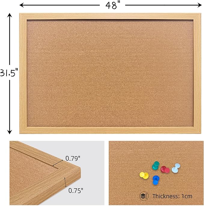 Cork Bulletin Board, 48x31.5 Inches Hanging Cork Board Wooden Framed with Pins for Wall, Dorm Room, Office, Home Decor – Natural Cork & Black Frame