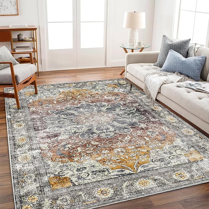 Area Rug 9x12 Washable Taupe Vintage Traditional Mat Distressed Indoor Foldable Thin Retro Accent Floral Non Slip Carpet for Living Room Dining Room Office