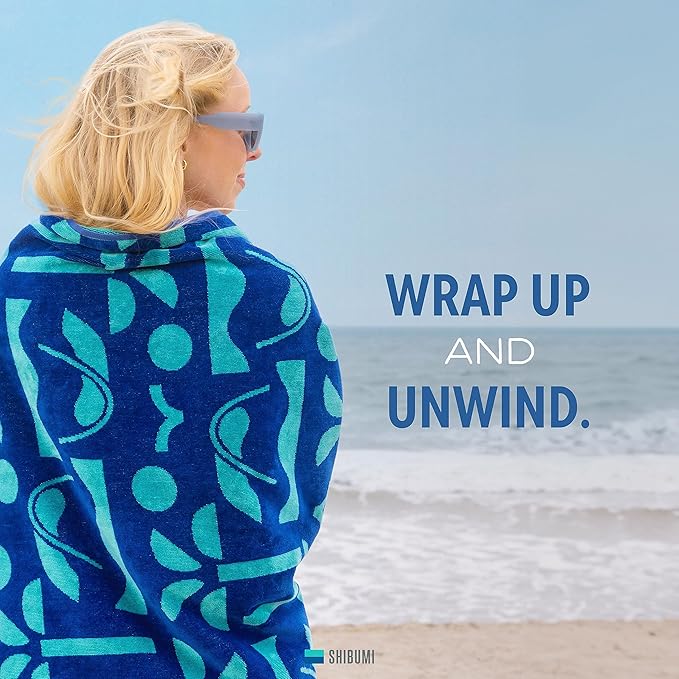 Shibumi Luxe Towel, Relax on Repeat, 35"" x 68"", Oversized and Lightweight Beach Towel, Extra Soft Velour Front and Absorbent Terry Back, 100% Cotton & Machine Washable