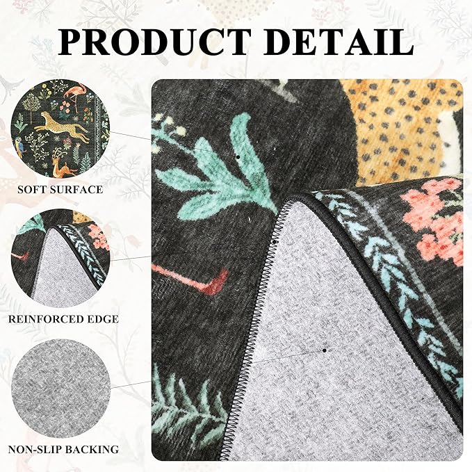 DUKINO 3x5 Rug, Washable Animal Area Rug with Non Slip Vintage Design, Indoor Soft Low Pile Carpet for Bedroom, Nursery, Dining Room, Farmhouse, Playroom, Black