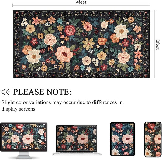 DUKINO 2x4 Rug for Entryway, Washable Kitchen Floral Runner Rug with Non Slip Backing, Low Pile Soft Boho Carpet for Kitchen, Hallway, Entryway, Laundry, Bedroom, Black