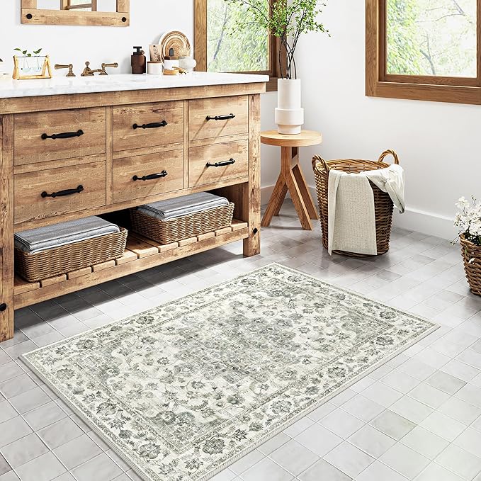 2x3 Washable Neutral Area Rug Green Vintage Entryway Kitchen Carpet Non-Slip Soft Low Pile Floral Indoor Small Throw Rug for Bedroom Bathroom Entrance