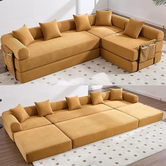 106" Oversized Convertible Sleeper Sofa Bed, Corduroy L Shape Sectional Couch, Folding Sofa Bed with Side Pocket, Modern Cloud Floor Mattress Couch, Modular Sofa for Living Room, Mustard Yellow