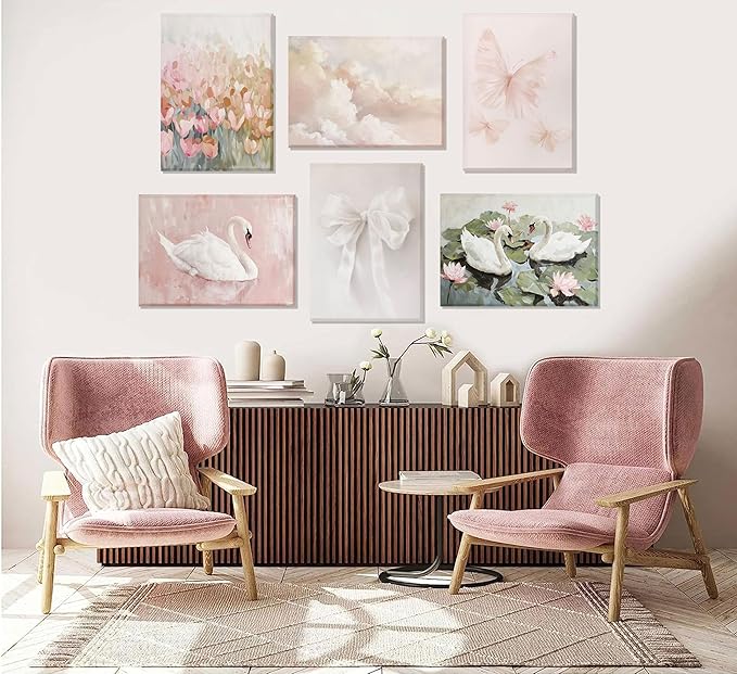 6Pcs Coquette Wall Art Pastel Pink Trendy Canvas Bow Posters White Swan Preppy Painting Butterfly Pictures Aesthetic Floral Prints Nursery Wall Decor for Teen Girls Bedroom College Dorm Framed