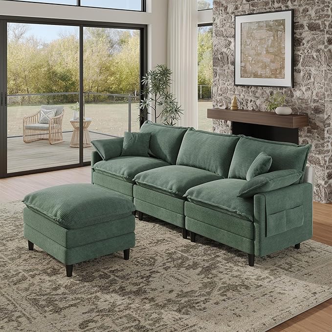 Ottoman for Modular Sectional Sofa, Ottoman Seat for Convertible Sectional, Single Sofa Couch for Living Room, Bedroom, Apartment, Corduroy, Green