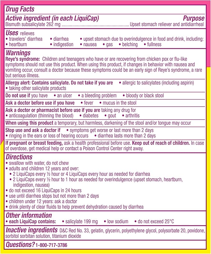 Pepto Bismol Liquicaps, Upset Stomach Relief, Nausea Relief, Heartburn Relief, Indigestion Relief, Anti Diarrhea Medication for Adults - 5 Symptom Fast Relief, No Flavor, 48 ct