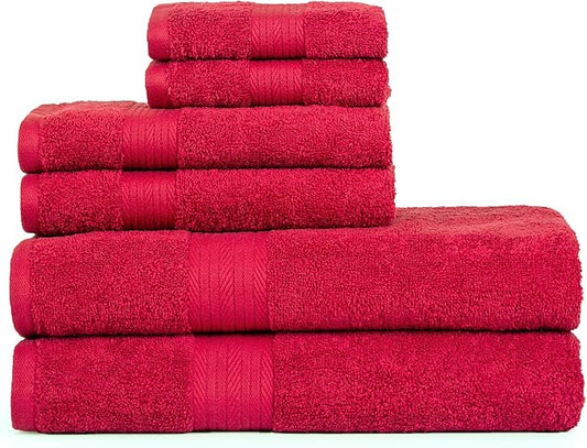 Ample Decor 100% Cotton 6 Piece Bathroom Towels Set, 2 Bath Towels, 2 Hand Towels, 2 Washcloths, Quick Drying - Red Towel Sets