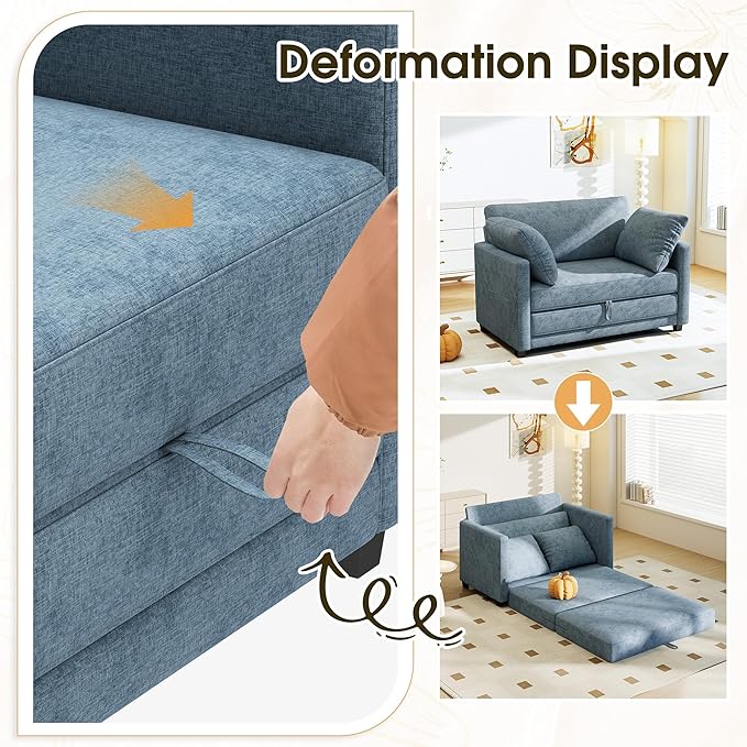 51" Convertible Loveseat Sofa Bed, 2-in-1 Folding Sofa Bed with 2 Pillow for Small Spaces, Modern Loveseat Sleeper Couch for Apartment, Living Room & Guest Room (Light Blue)