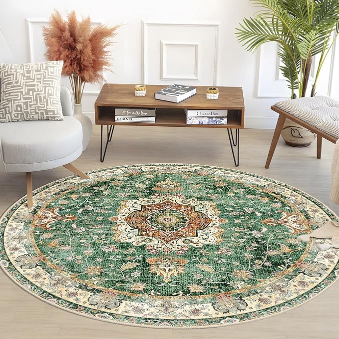Green Round Rug 5ft, Circle Boho Area Rugs for Bedroom Living Room Bedside,Washable Vintage Bohemian Distressed Oriental Floral Carpet Non Slip,Retro Sage Floral