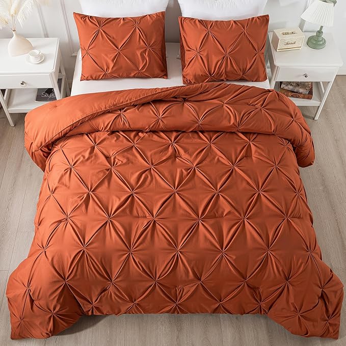 Andency Burnt Orange Queen Size Comforter Set, 3 Pieces Soft Decorative Pintuck Bedding Comforters & Sets, All Season Microfiber Lightweight Bed Set for Queen Size Bed