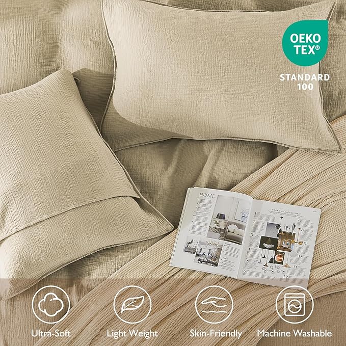 EMME Muslin Cotton Duvet Cover Set Light Tan King Size Linen Like Soft Breathable Lightweight Summer Comforter Cover Set with Zipper Closure (Light Tan, King, 104"x90")