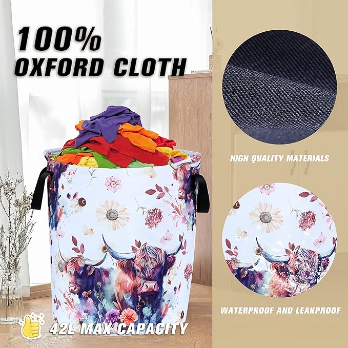 Highland Cow Laundry Basket Cow Animal Foldable Oxford Cloth Funny Tote Bag Laundry Hamper Clothes Storage Bucket Organizer For Bathroom/Laundry Storage/Bedroom 17.7x13.7 Inch