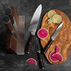 Yatoshi Knives Magnetic Kitchen Knife Block Set - Japanese 67 Layer High-Grade VG-10 Steel Knives, Sharp, G10 Handle Professional Kitchen Knife Set - Damascus (6 pieces), Brown Pakkawood Handles