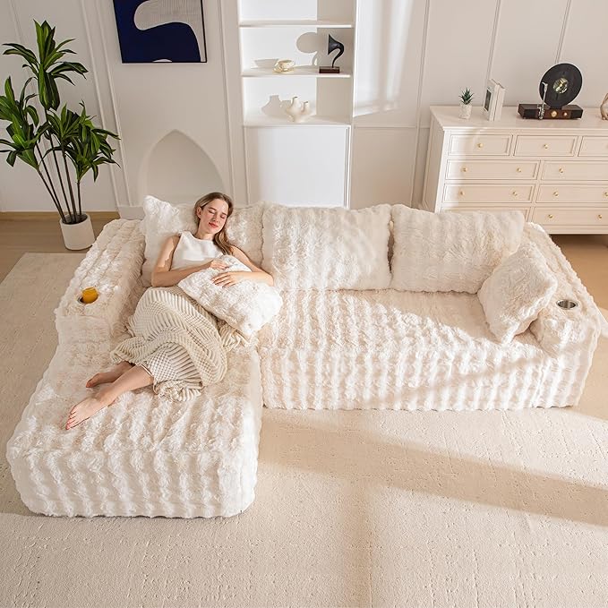 MAXYOYO 104" Modular Sectional Couch with L-Shape Chaise, Modern Boneless Couch for Living Room, Sofa in A Box, Faux Fur Sofa Sleeper with Deep Seat, No Assembly Required, Beige
