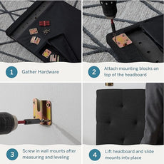 Lucid Mid-Rise Upholstered Headboard - Diamond Tufted - Padded Polyester - Adjustable Height from 34” to 46” - Easy Assembly - Bed Frame or Wall Mount - Sturdy - Charcoal - King / Cal King Size