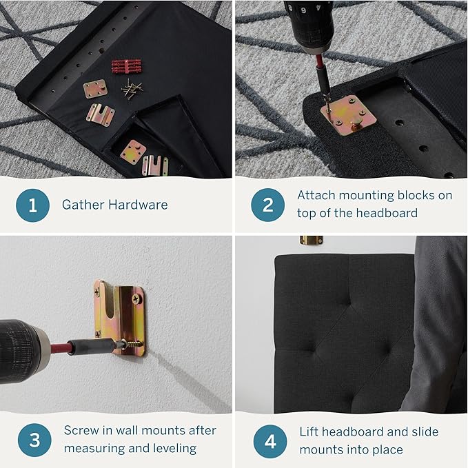 Lucid Mid-Rise Upholstered Headboard - Diamond Tufted - Padded Polyester - Adjustable Height from 34” to 46” - Easy Assembly - Bed Frame or Wall Mount - Sturdy - Charcoal - Queen Size