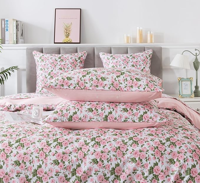 FADFAY Duvet Cover Set Queen Pink Rose Floral Bedding Vintage Peony Flower Quilt Cover Set Shabby Farmhouse Bedding 100% Cotton Ultra Soft Comforter Cover with Hidden Zipper Closure 3Pcs, Queen Size