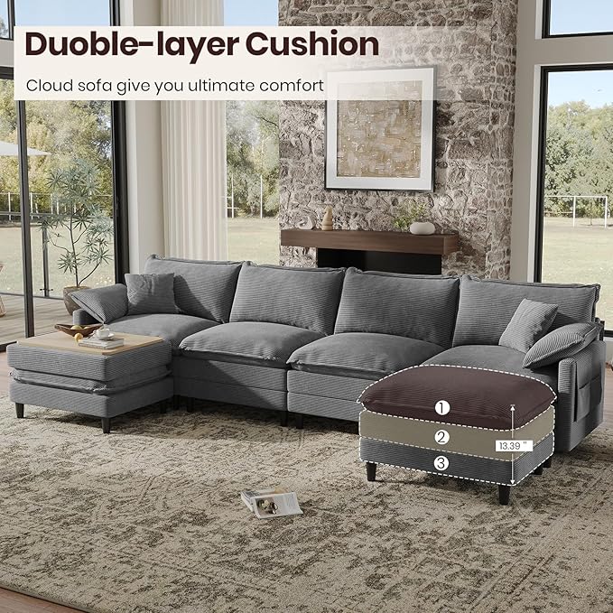 143" U Shaped Modular Sectional Cloud Couch with Two Ottoman
