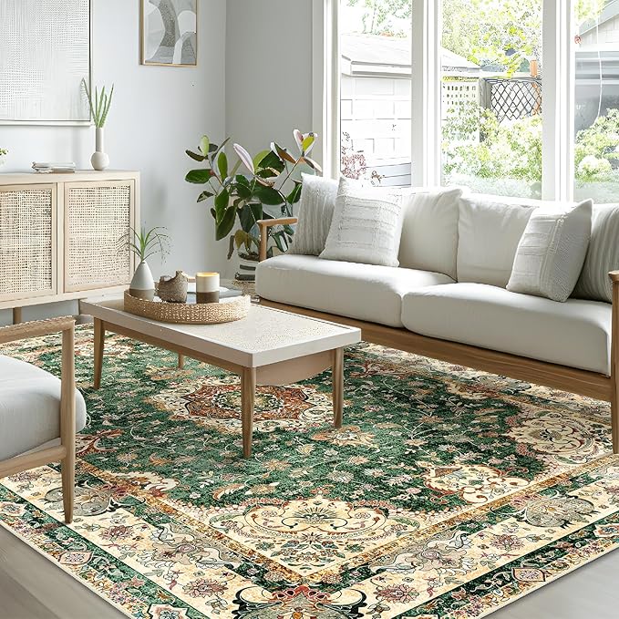 8'x10' Area Rugs Washable,Green Rug for Living Room Bedroom Dining Room,Large Boho Vintage Bohemian Distressed Oriental Carpet Non Slip,Retro Sage Floral