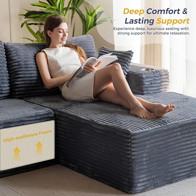 MAXYOYO 104" Modular Sectional Couch with L-Shape Chaise, Modern Boneless Couch for Living Room, Sofa in A Box, Oversized Sofa Sleeper with Deep Seat, No Assembly Required, Dark Grey
