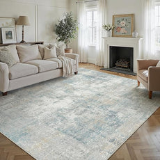 8x10 Washable Area Rug Blue Cream Abstract Living Room Bedroom Carpet Neutral Modern Non-Slip Soft Low Pile Lightweight Vacuumable Large Throw Rug for Dining Room