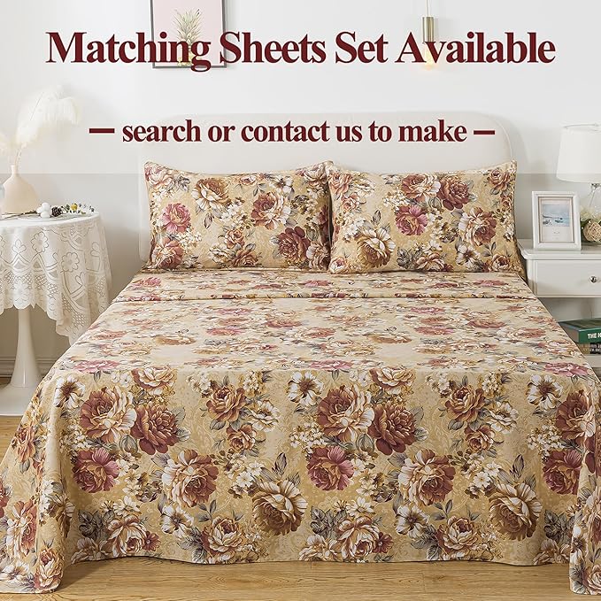 FADFAY Duvet Cover Sets Tan Peony Floral Bedding Shabby Brown Flower Comforter Cover Set Vintage Farmhouse Bedding 100% Cotton Quilt Cover with Hidden Zipper Closure 3Pcs, King/California King Size