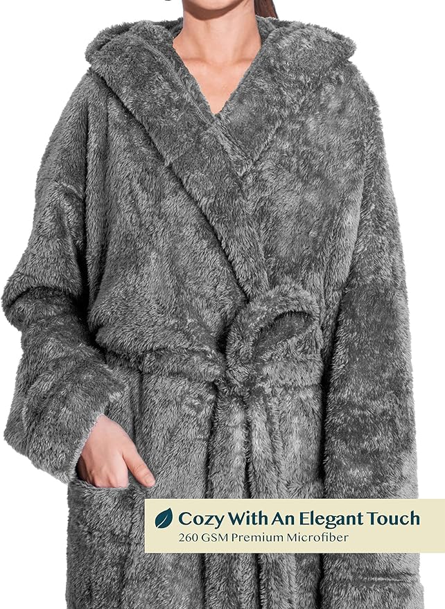 PAVILIA Women Hooded Plush Soft Robe | Fluffy Warm Fleece Sherpa Shaggy Bathrobe