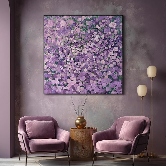 60"x60" XL Framed Wall Art Purple Blossom Burst Abstract Floral Impressionist Violet Flower Field (Frame Assembly Required)