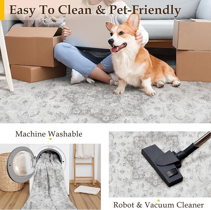 Grey Gray Area Rug 2x3 Washable Vintage Small Carpet for Entryway Kitchen Soft Retro Low Pile Thin Door Mat Non Slip Oriental Medallion Throw Rug for Bathroom Office Bedroom Dining Room