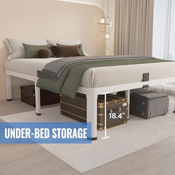 MAF 20 Inch Full Size Bed Frame White with Round Corner Legs Mattress Slide Stopper No Box Spring Needed Heavy Duty Metal Platform Bed Frames Under-Bed Storage Space, 3000 LBS Steel Slats Support