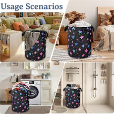 Blue Pink Stars Laundry Basket,Oxford Cloth Laundry Hamper With Handle Foldable Portable Clothes Storage Basket for Laundry Room/Bedroom/Bathroom 20.8
